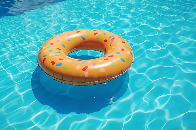 Un donut inflable flotando en una piscina con agua y agua azul.