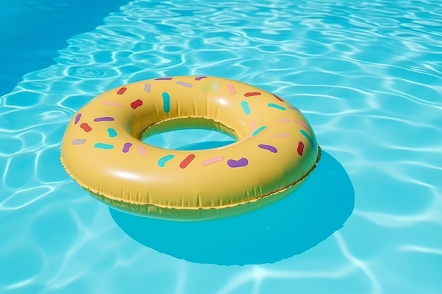 Un donut inflable flotando en una piscina con agua.