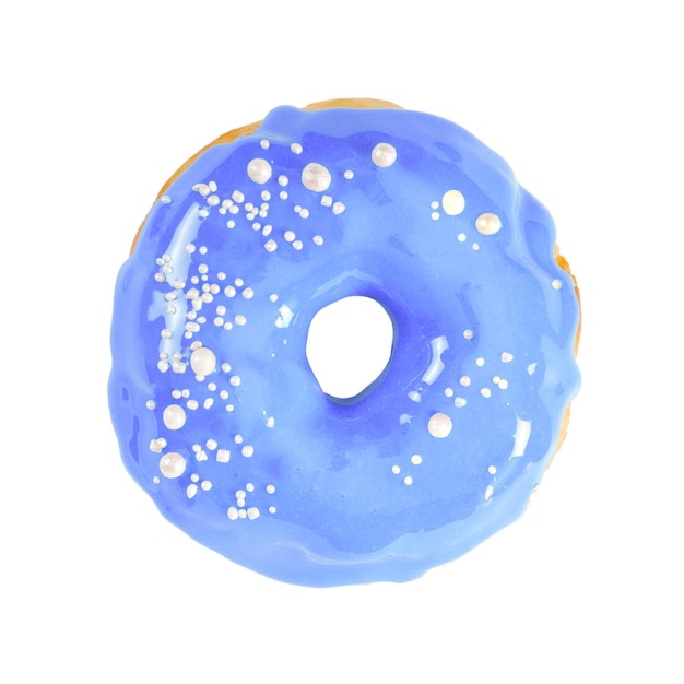 Donut mit blau glänzender Spiegelglasur isoliert auf weißem Hintergrund Ansicht von oben