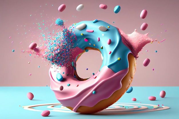 Donut mit Glasur, die über rosa Hintergrund fliegt, mit bunten Streuseln, die von Generative Ai herunterfallen