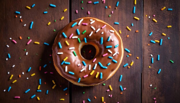 Donut mit Sprinkles auf hölzernem Hintergrund von oben aus