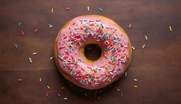 Donut mit Sprinkles auf hölzernem Hintergrund von oben aus