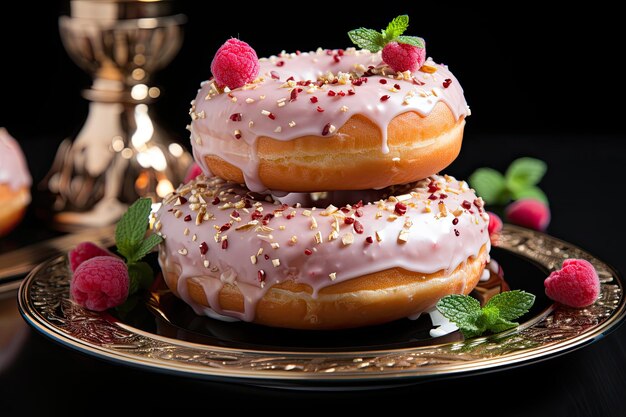 Donut de púas de fresa fresca sobre fondo oscuro IA generativa