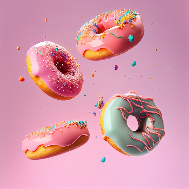 Donut realista dulce glaseado sobre fondo rosa IA generativa