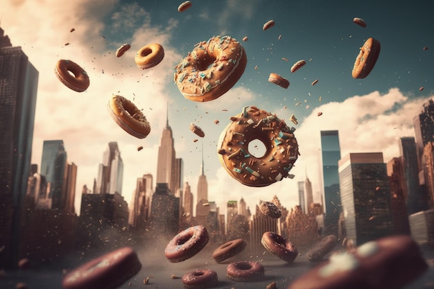 Donut-Regen in großen Metropolen Donuts fallen in der Stadt-KI vom Himmel