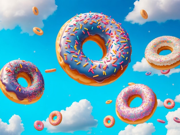 Donut-Regen mit blauem Himmel und bunten Donuts