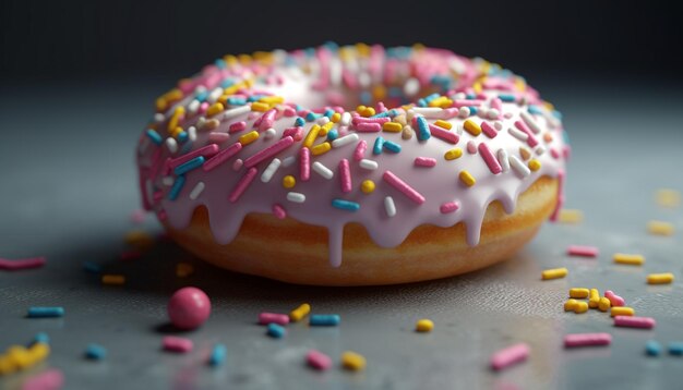 Donut rosa brillante con glaseado de chocolate y decoración de confeti generado por inteligencia artificial