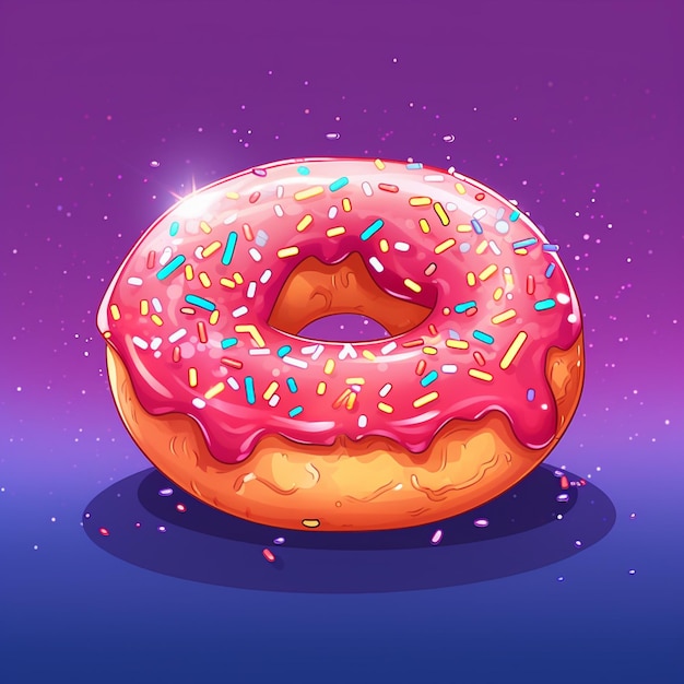 Un donut rosa con chispas está sobre un fondo morado.