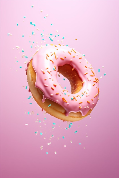 Donut rosa com salpicaduras caindo ou voando em movimento contra um fundo pastel rosa