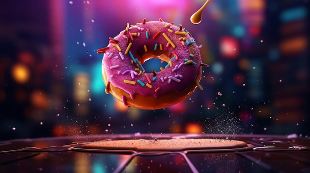 Un donut rosa está volando en el aire con chispas.