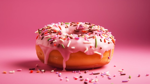 Un donut rosa con glaseado rosa y espolvorea sobre él.