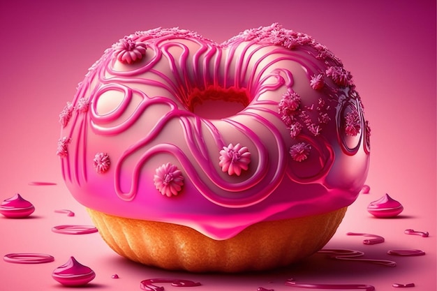 Un donut rosa con glaseado rosa y un glaseado rosa.