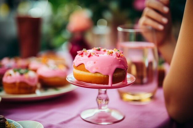 Foto donut rosa con una rebanada que se sirve en una cafetería como parte de un menú de brunch