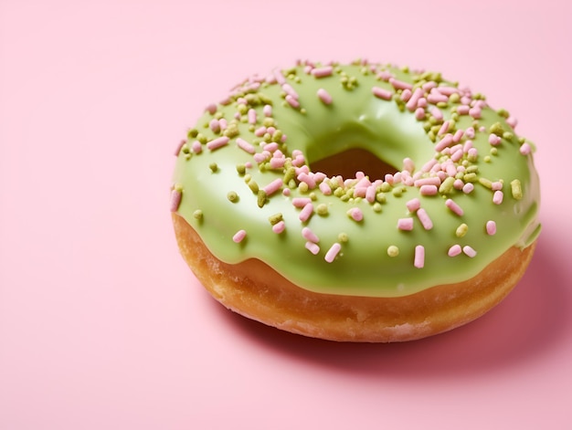 Donut de té verde matcha en un fondo rosado de moda Donut de matcha casero cubierto con polvo de matcha verde brillante pastoreo postre de matcha Donuts de pistacho pancartas