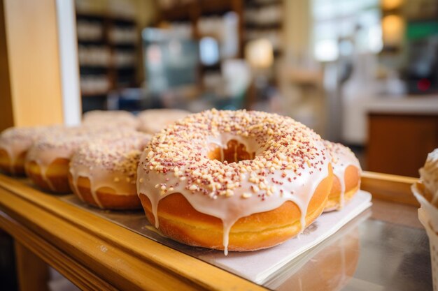 Foto donut único com glasura rosa e salpicaduras coloridas