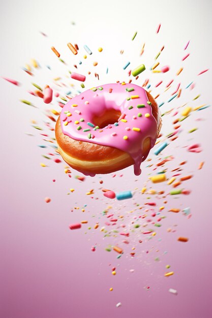 Donut voador vibrante com glacê rosa e polvilha Uma imagem cativante gerada por AI