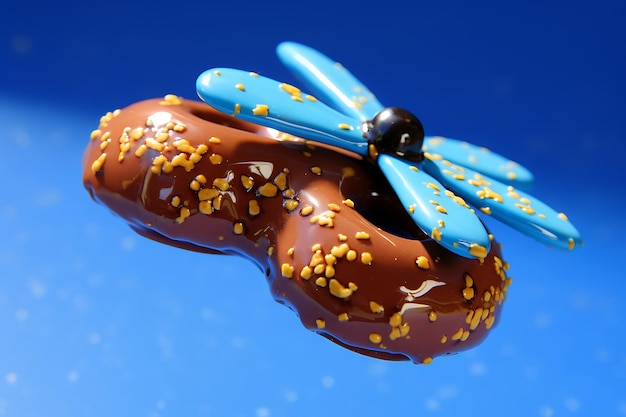 Donut volador en esmaltado amarillo con escamas de chocolate y arándanos secos en azul