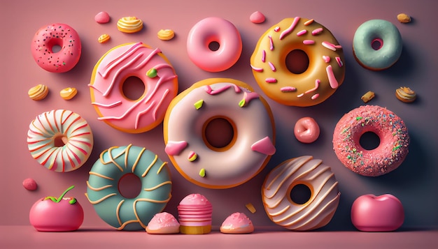 Donuts 3D-Stil Donuts Zusammensetzung lebendige Farben und Formen Abstrakte isolierte Hintergrundszene