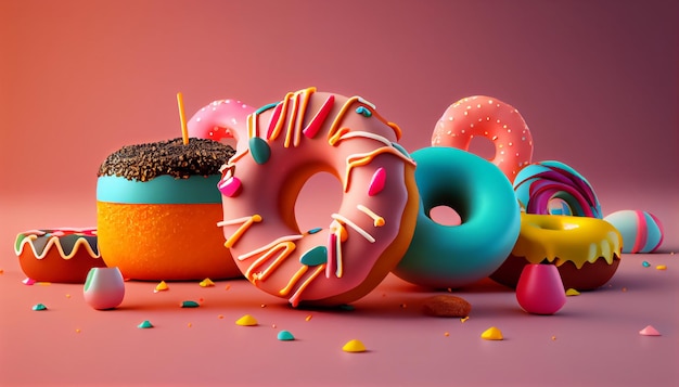 Donuts 3D-Stil Donuts Zusammensetzung lebendige Farben und Formen Abstrakte isolierte Hintergrundszene