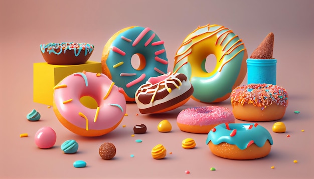 Donuts 3D-Stil Donuts Zusammensetzung lebendige Farben und Formen Abstrakte isolierte Hintergrundszene