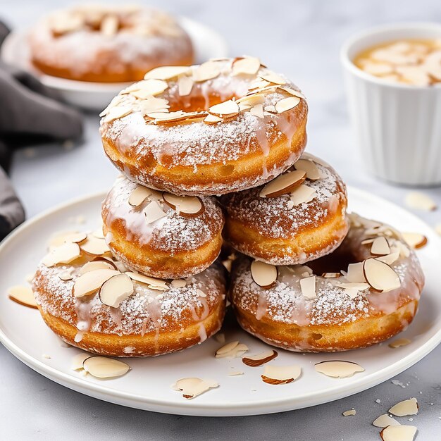 Donuts de almendras en un plato sobre una mesa blanca