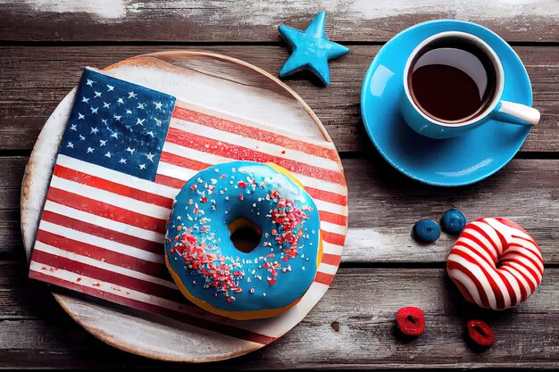 Donuts americanos con glaseado en colores de la bandera de EE. UU. Azul rojo blanco Ai generativo