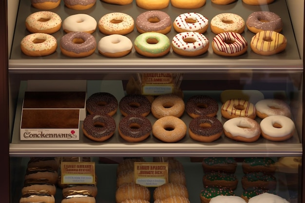 Donuts y aros Pasteles calientes en el estante de la cafetería Bollos y muffins de chocolate IA generativa