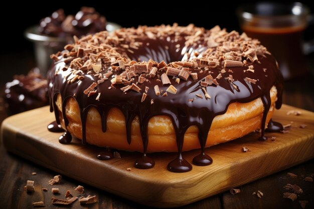 Donuts assados caseiros com cobertura de chocolate em um prato de madeira rústico