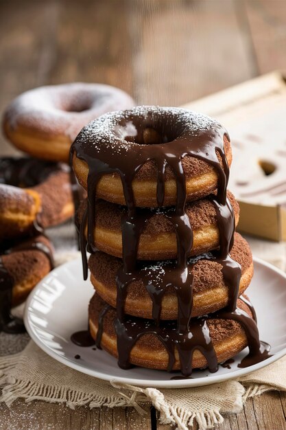 Donuts assados de chocolate empilhados com esmalte de chocolate derramado