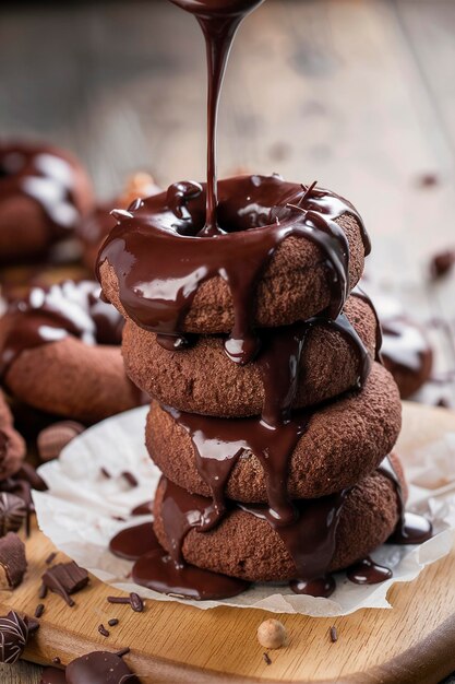 Donuts assados de chocolate empilhados com esmalte de chocolate derramado
