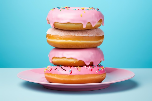 Donuts auf einem rosa Teller auf blauem Hintergrund 3D-Rendering