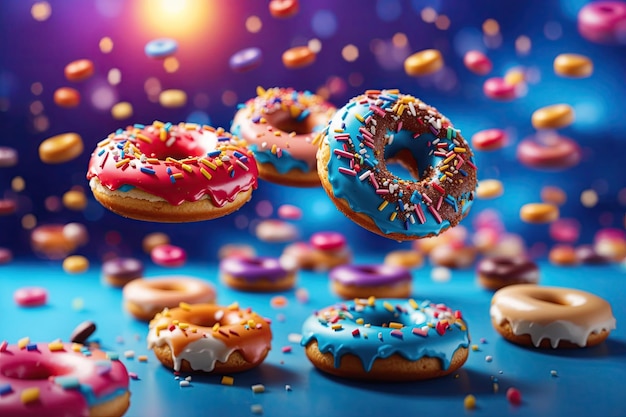 Donuts-Auswahl fliegt auf blauem Hintergrund Verschiedene Donuts isoliert auf buntem Hintergrund