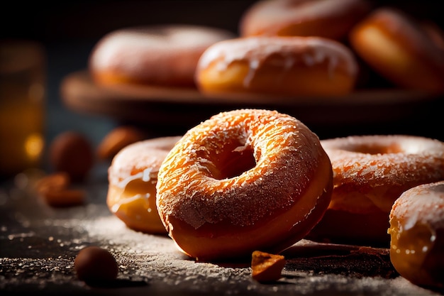 Donuts con azúcar glas sobre un fondo oscuro Enfoque selectivo IA generativa