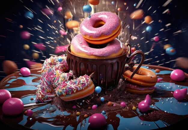 Foto donuts, bolo de chocolate e bolinhos.