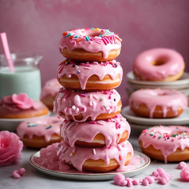 Donuts caseros con hielo y delicias rosadas apilados