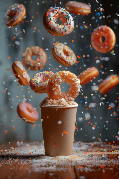 Donuts cayendo en el café en una taza en una mesa