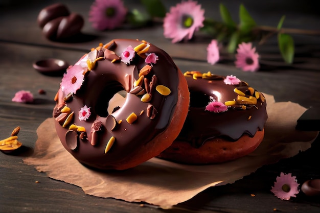 Donuts de chocolate caseros con cobertura de chocolate Día Nacional del Donut Horneado casero Ai generativo