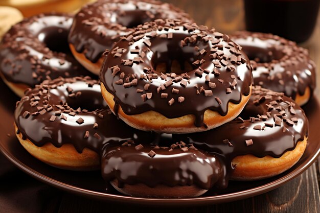 Donuts de chocolate frescos y deliciosos en el plato