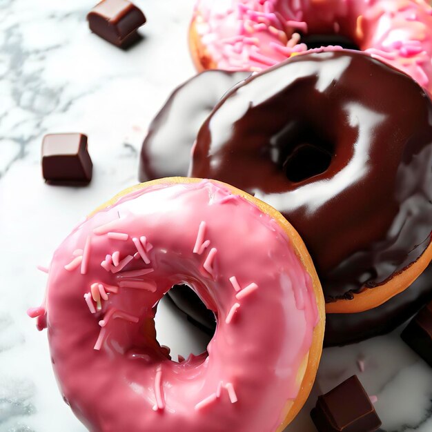 Donuts de chocolate glaseado y rosa sobre fondo de mármol