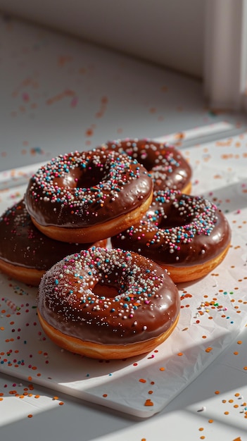 Foto donuts de chocolate en una mesa blanca con papel de colores esparcido por toda la imagen