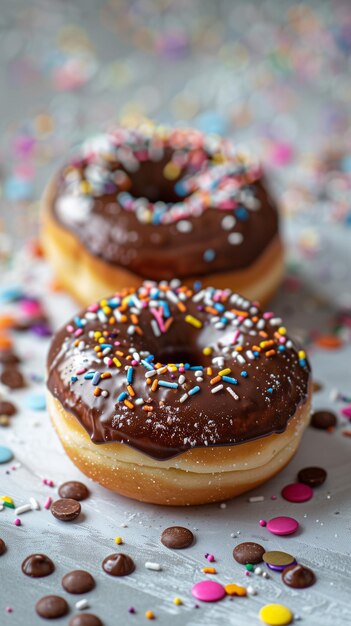 Foto donuts de chocolate en una mesa blanca con papel de colores esparcido por toda la imagen