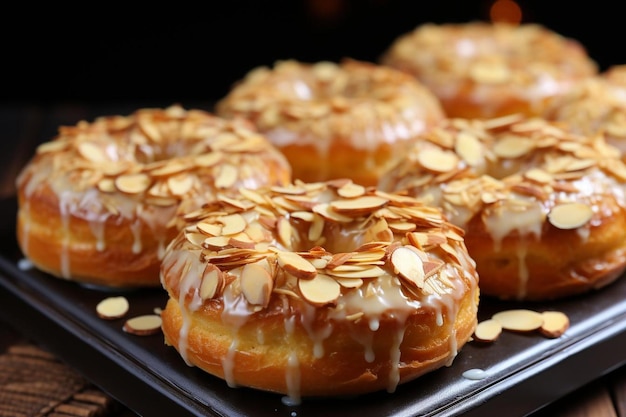 Foto donuts clásicos esmaltados con virutas de almendra donuts fotografía de imágenes de comida