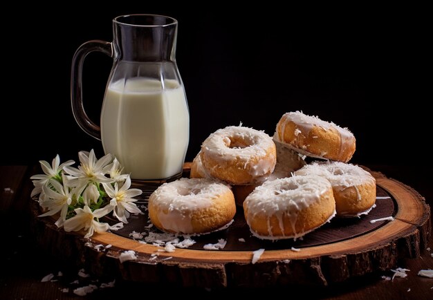 Donuts con coco y leche sobre un fondo de madera