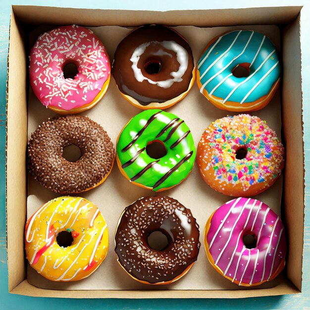 Foto donuts de colores en una caja