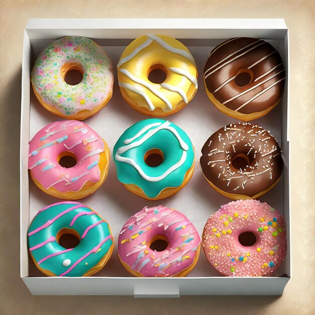 Foto donuts de colores en una caja