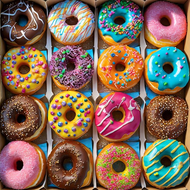 Foto donuts de colores en una caja