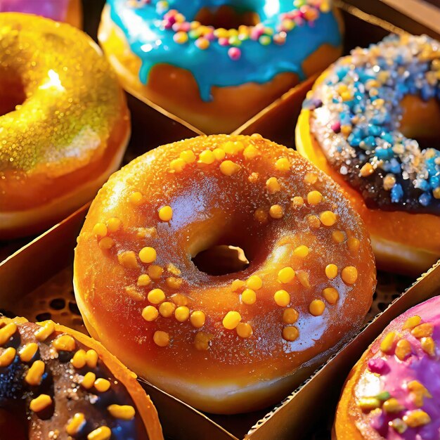 Foto donuts de colores en una caja