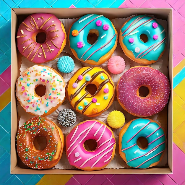 Foto donuts de colores en una caja