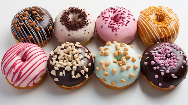 Donuts de colores con diferentes ingredientes