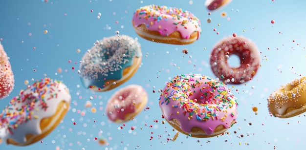 Donuts coloridos en el aire con salpicaduras y esmaltes en un fondo azul claro creando una escena de postre flotante vibrante y apetitosa